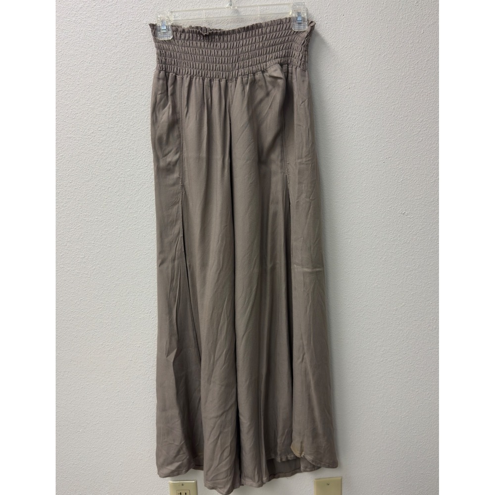 Rewash Wide Leg Pants Womens Large Taupe Excellent Smocked Side Slit Rayon Boho